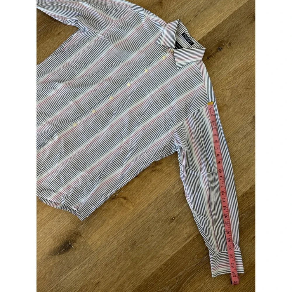 Nautica Button Down Shirt Mens 17.5 34/35 Blue Pink Striped Comfort Stretch L/XL